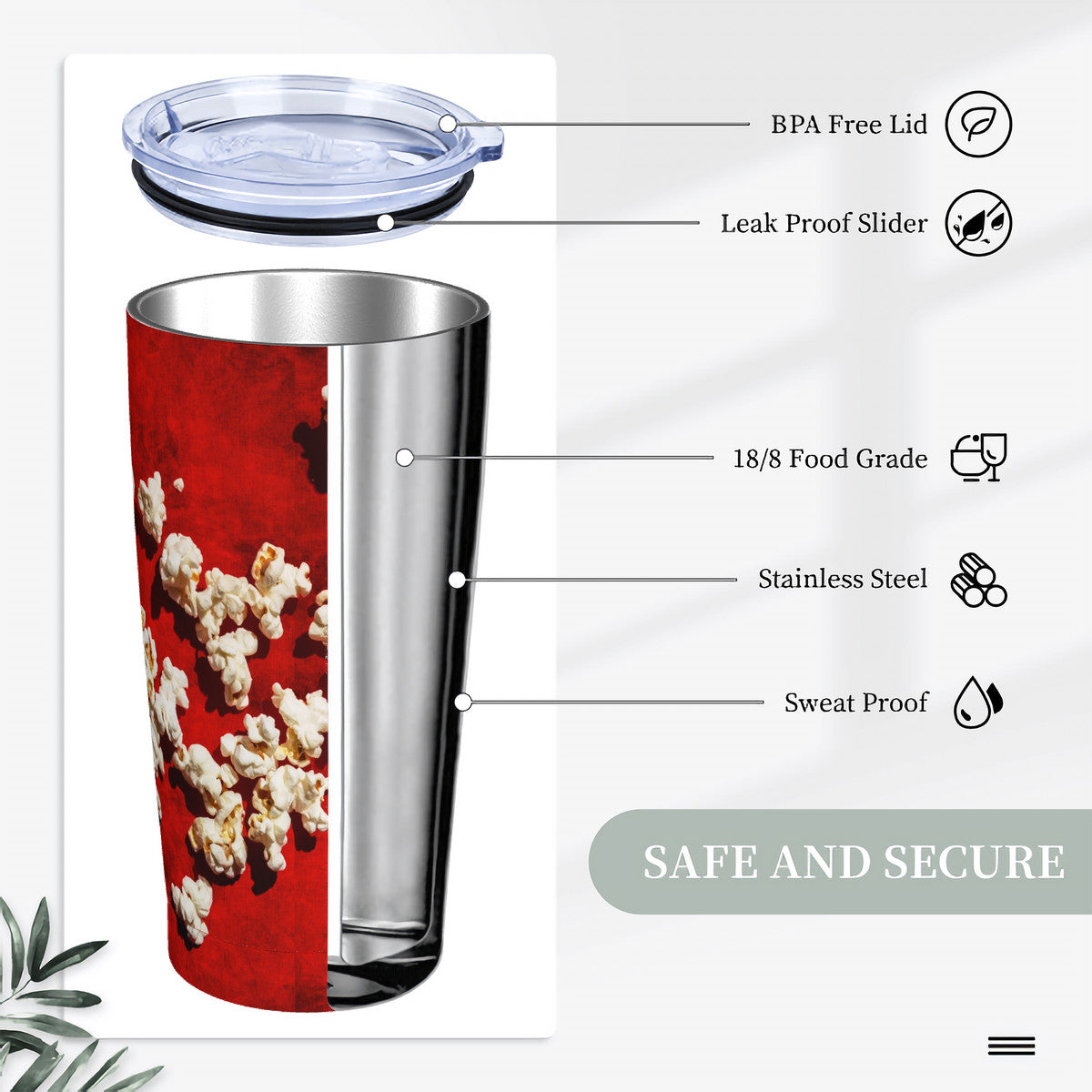 Popcorn on Red 20oz Stainless Steel Straw Lid Cup
