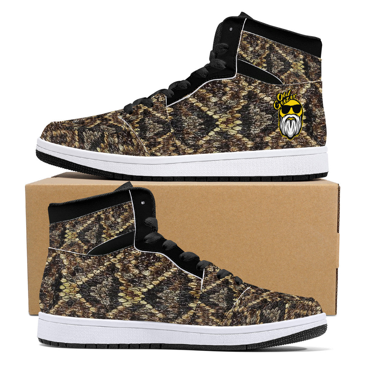 Old Geezer Rattler Skin Pattern High-Top Synthetic Leather Sneakers - Black