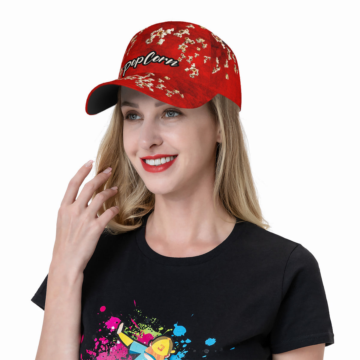 Popcorn Red Curved Brim Baseball Cap (AOP)