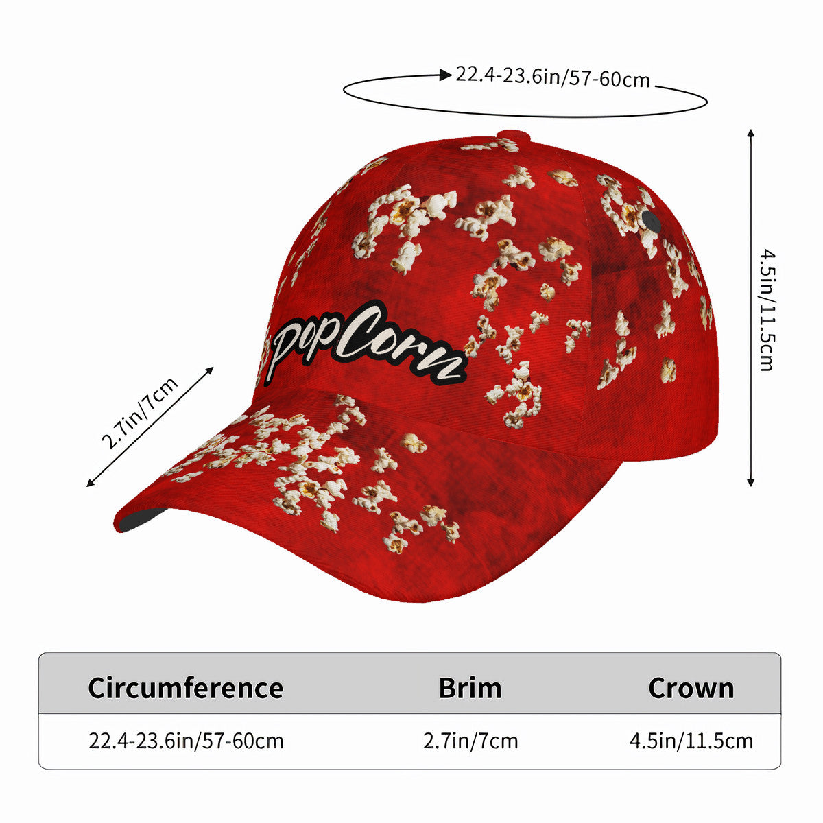 Popcorn Red Curved Brim Baseball Cap (AOP)