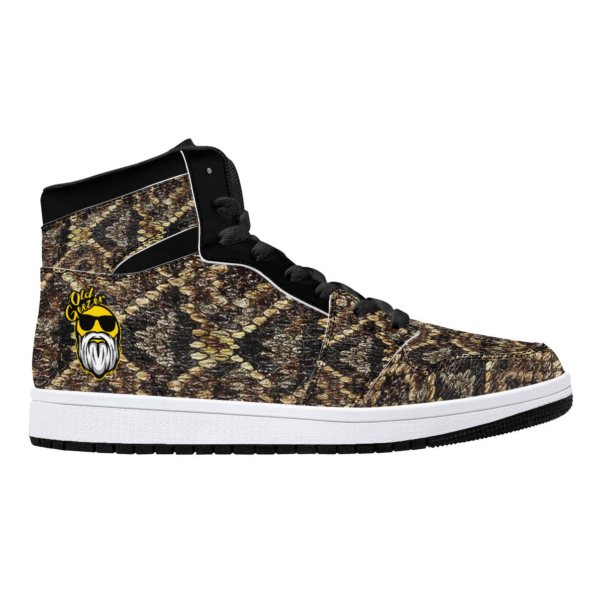Old Geezer Rattler Skin Pattern High-Top Synthetic Leather Sneakers - Black
